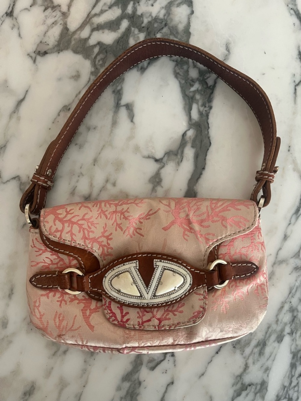Valentino Coral Print Shoulder Bag - Pink & Brown
